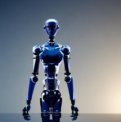 The robot has a human-like form, but its features are simplified and its body is made of metal.