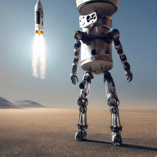A humanoid robot is riding a rocket to space